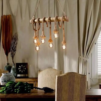 Retro Touw LED Hanglamp Bamboe | Vintage Scheepstouw met 6 Fittingen Hang Lamp Bamboo Vintage LED Light | Dimbare Bamboe Verlichting - Bestgadgets4u