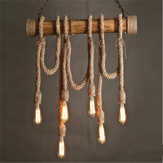 Retro Touw LED Hanglamp Bamboe | Vintage Scheepstouw met 6 Fittingen Hang Lamp | Bamboo Vintage LED Light | Dimbare Bamboe Verlichting incl. 6 Edison Lampen
