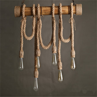 Retro Touw LED Hanglamp Bamboe | Vintage Scheepstouw met 6 Fittingen Hang Lamp | Bamboo Vintage LED Light | Dimbare Bamboe Verlichting incl. 6 Edison Lampen