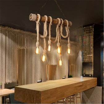 Retro Touw LED Hanglamp Bamboe | Vintage Scheepstouw met 6 Fittingen Hang Lamp | Bamboo Vintage LED Light | Dimbare Bamboe Verlichting incl. 6 Edison Lampen