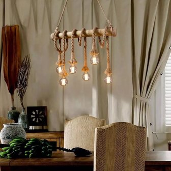 Retro Touw LED Hanglamp Bamboe | Vintage Scheepstouw met 6 Fittingen Hang Lamp | Bamboo Vintage LED Light | Dimbare Bamboe Verlichting incl. 6 Edison Lampen