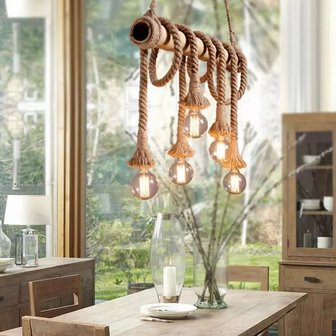 Retro Touw LED Hanglamp Bamboe | Vintage Scheepstouw met 6 Fittingen Hang Lamp | Bamboo Vintage LED Light | Dimbare Bamboe Verlichting incl. 6 Edison Lampen