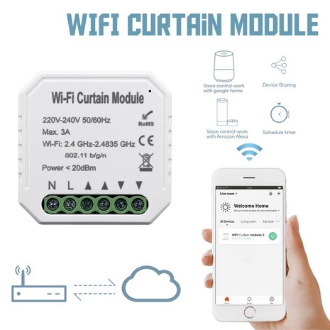 WiFi Smart Up and Down Schakelaar | Smart WiFi Open Dicht Schakelaar | Smart WiFi Inbouwschakelaar Up/Down| Voice Control werkt met Google Assistant en Amazon Alexa