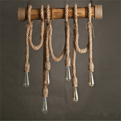 Retro Touw LED Hanglamp Bamboe | Vintage Scheepstouw met 6 Fittingen Hang Lamp | Bamboo Vintage LED Light | Dimbare Bamboe Verlichting incl. 6 Edison Lampen