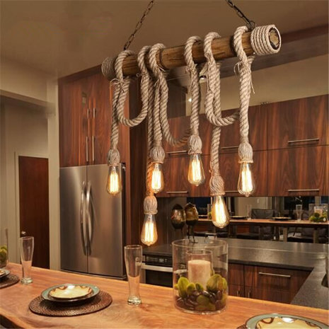 Retro Touw LED Hanglamp Bamboe | Vintage Scheepstouw met 6 Fittingen Hang Lamp | Bamboo Vintage LED Light | Dimbare Bamboe Verlichting incl. 6 Edison Lampen