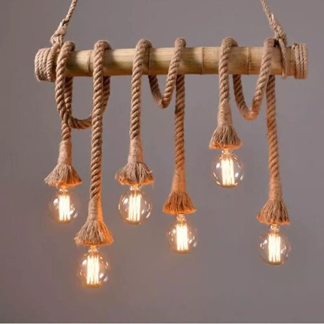 Retro Touw LED Hanglamp Bamboe | Vintage Scheepstouw met 6 Fittingen Hang Lamp | Bamboo Vintage LED Light | Dimbare Bamboe Verlichting incl. 6 Edison Lampen